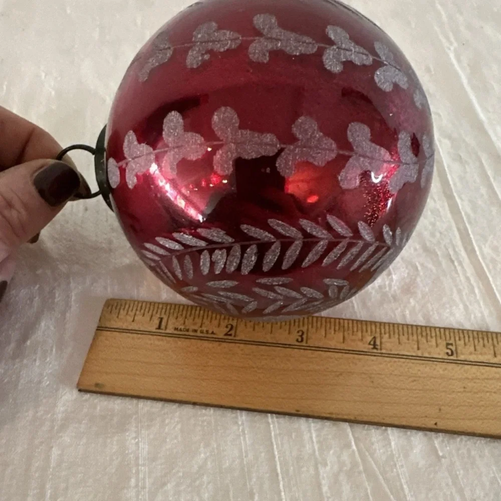 Pottery Barn Large Mercury Etched Glass Christmas CRANBERRY Ornament Ball Red 4